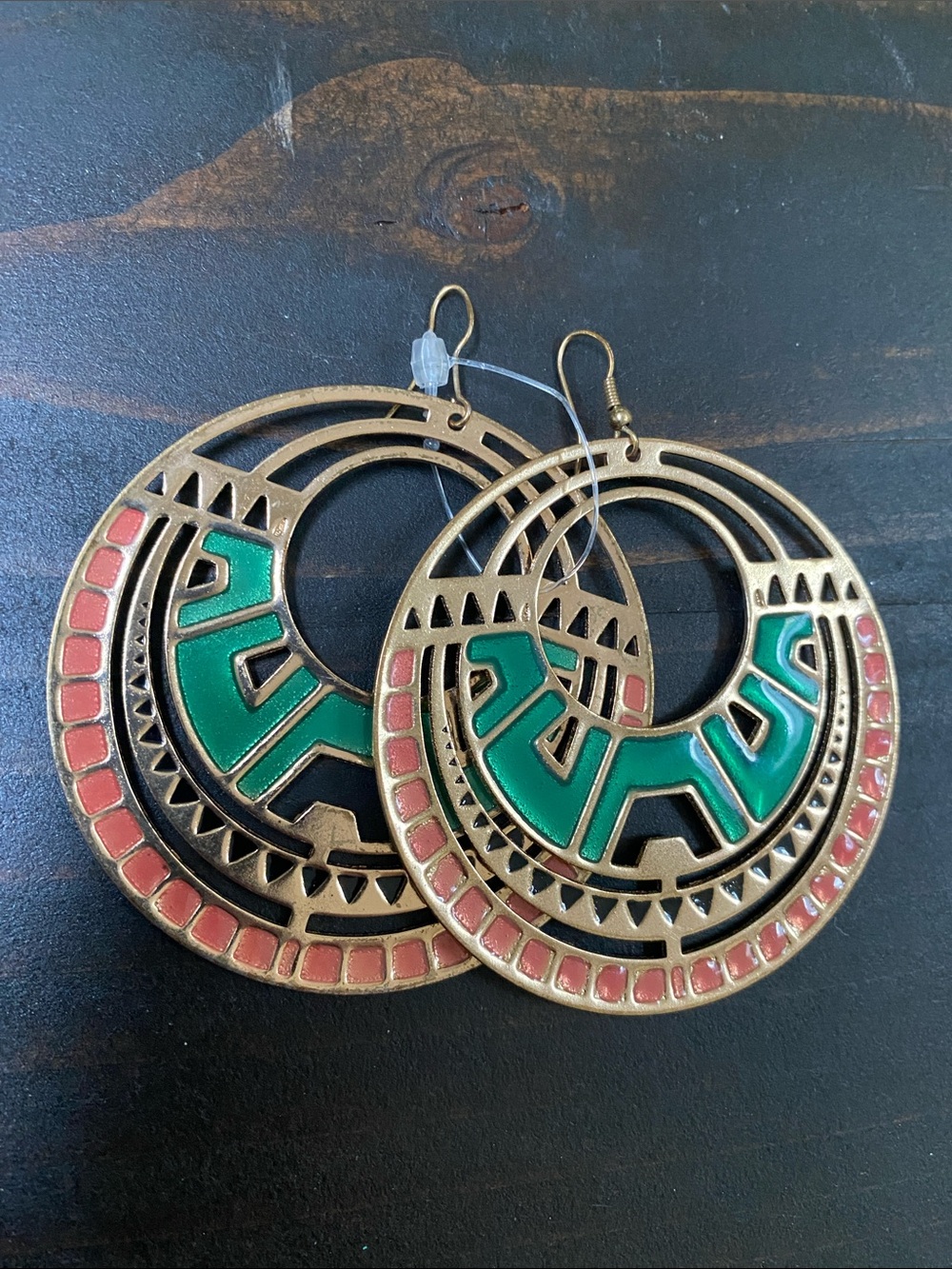 Boho Tribal Hoop Earrings with Green and Coral Enamel - Large - see call out